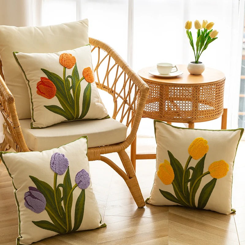 Embroidered Colorful Tulips Cushion Cover