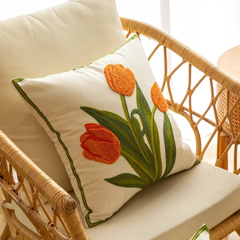 Embroidered Colorful Tulips Cushion Cover