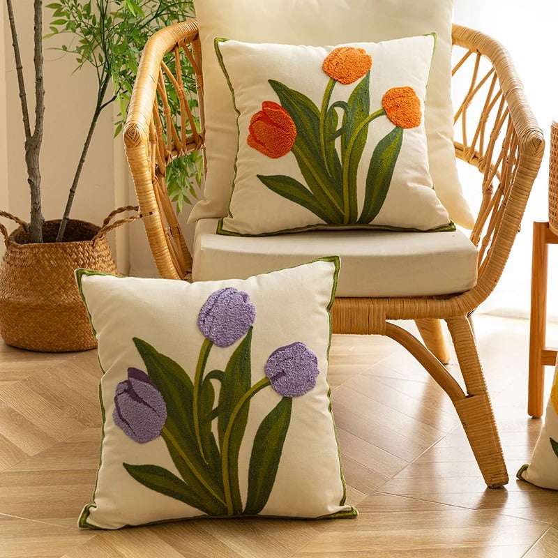 Embroidered Colorful Tulips Cushion Cover