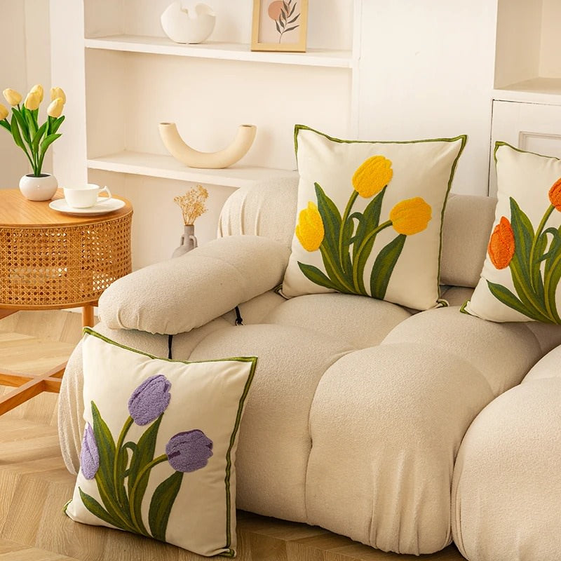 Embroidered Colorful Tulips Cushion Cover