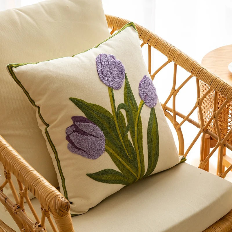 Embroidered Colorful Tulips Cushion Cover