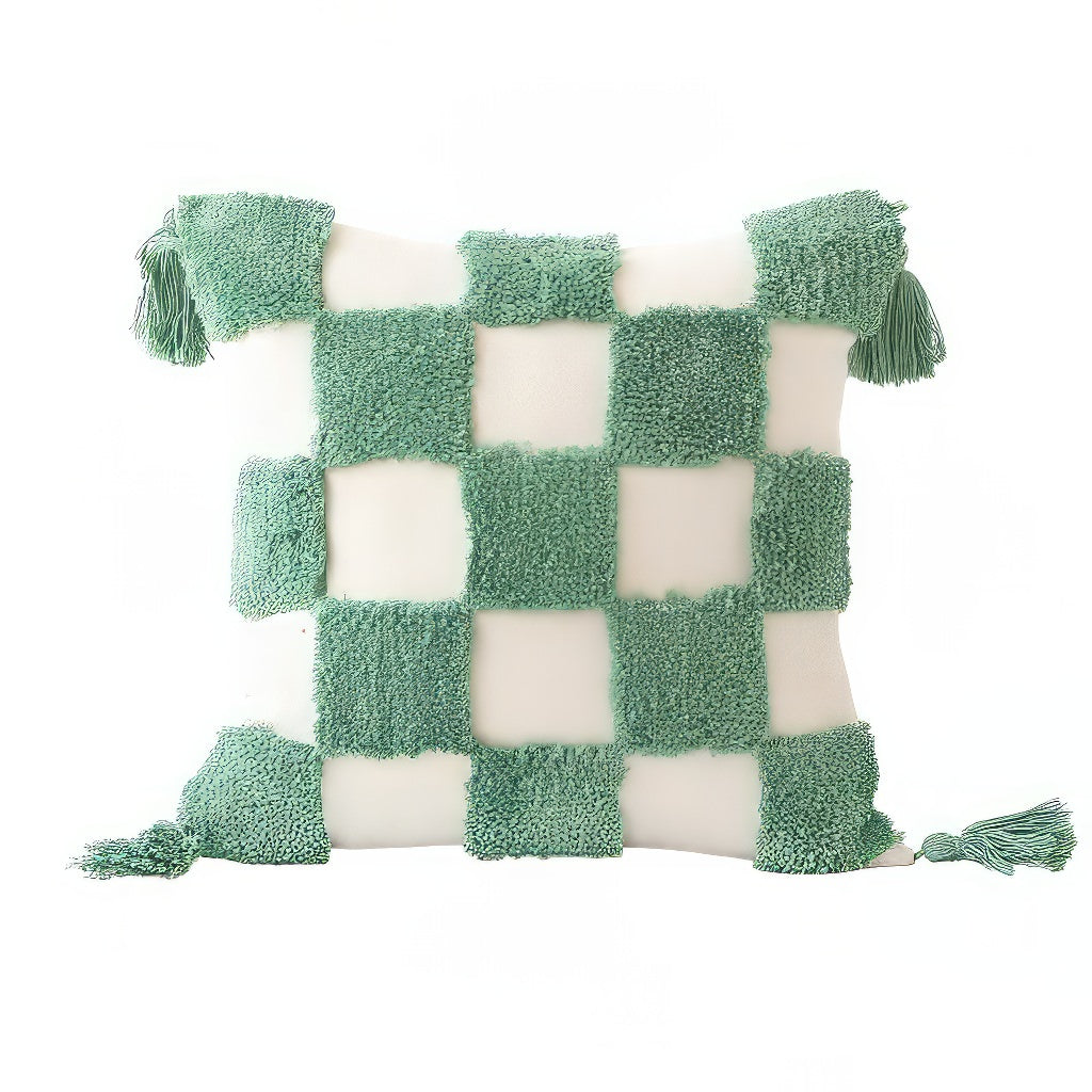 Sage Green Checkered Tufted Cushion Cover